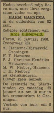 overlijdensadvertentie harm harsema1885 op 23 jan 1968.